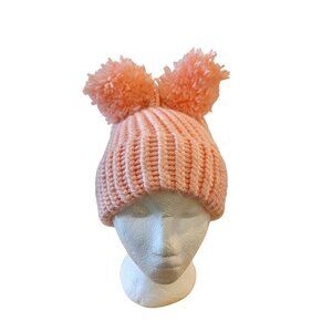 Womens Handmade Double Pom Pom Beanies Knit Pastel Pink Hat Winter Cold Weather
